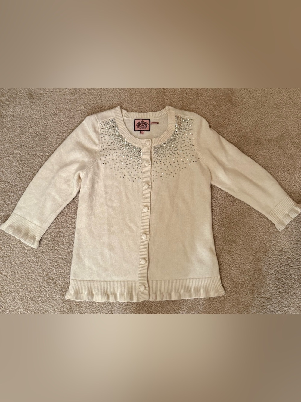 Juicy Couture Sequin Cardigan Sweater Cream Ivory Wool Cashmere Rabbit Hair Sz L